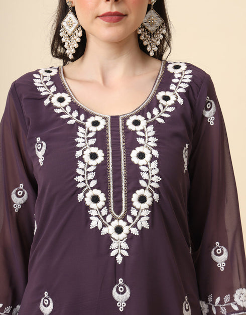stylish embroidery work georgette designer party wear readymade long kurtis with lavender 13560-acy3391 Back View